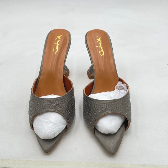 XYD Grey Trendy Open Pointed Toe High Heel Mules Slip-ons Crystal Sparkle Shoes - Picture 3 of 8